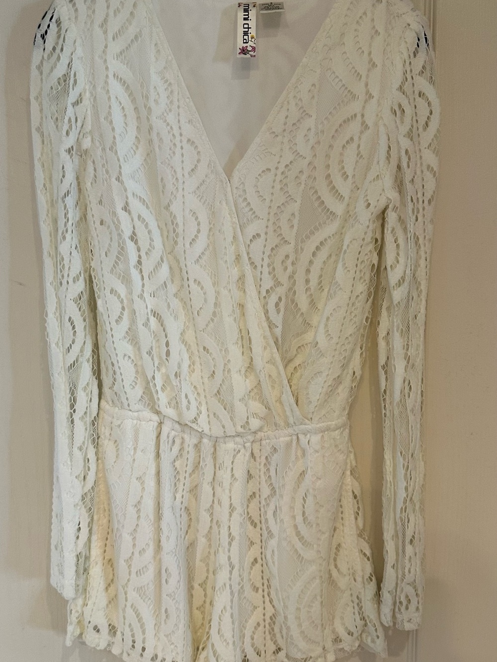 Mimi Chica White Lace Long-Sleeve Wrap Romper